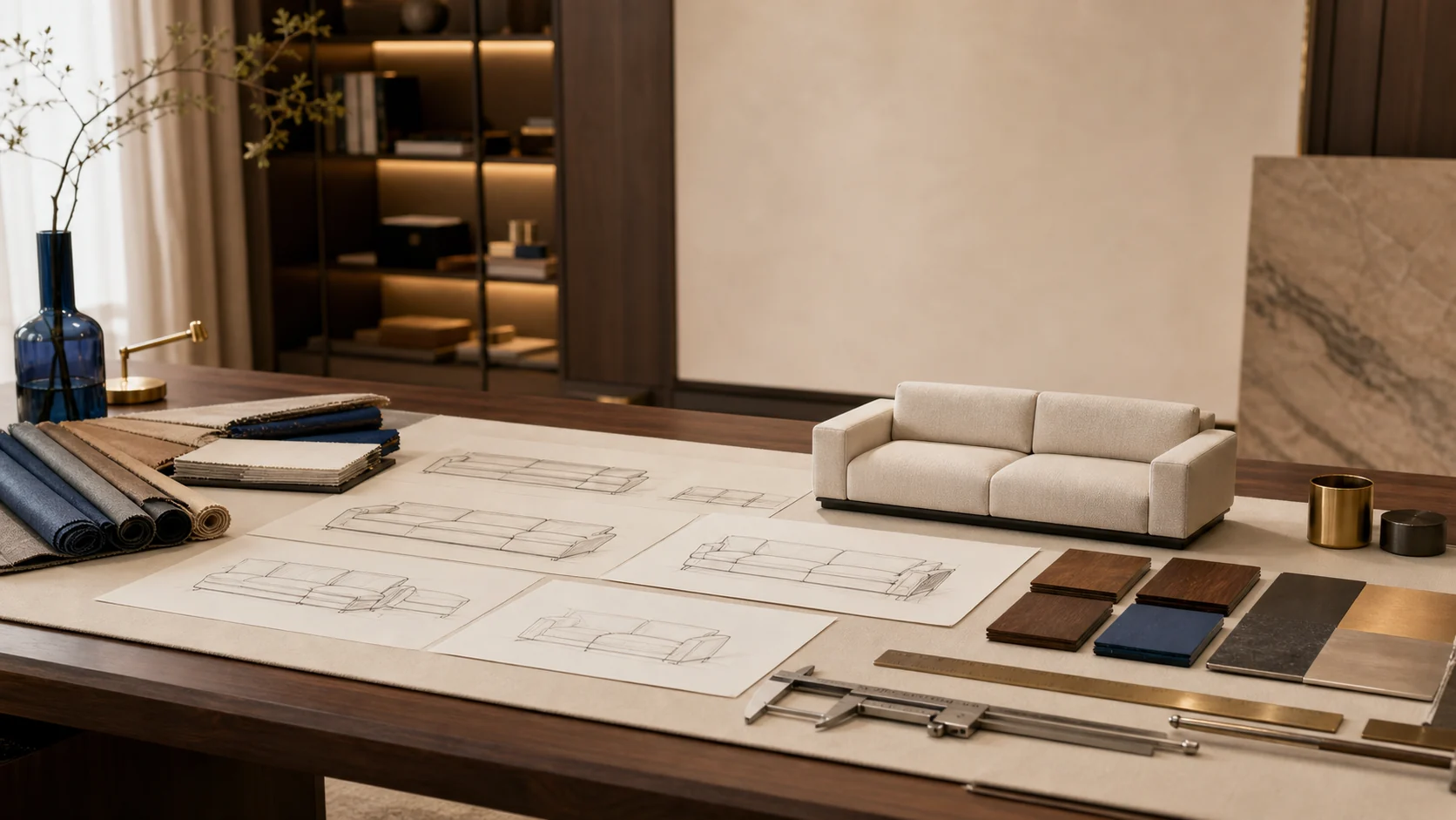 Sofa customization worktable with sketches, material swatches and finish samples