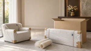 Protected upholstered furniture components prepared beside an unbranded export carton