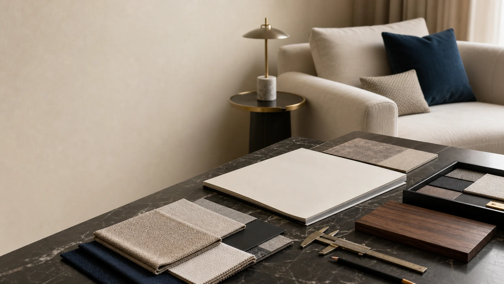 Furniture sourcing desk with upholstery samples, walnut finish and precision measuring tools