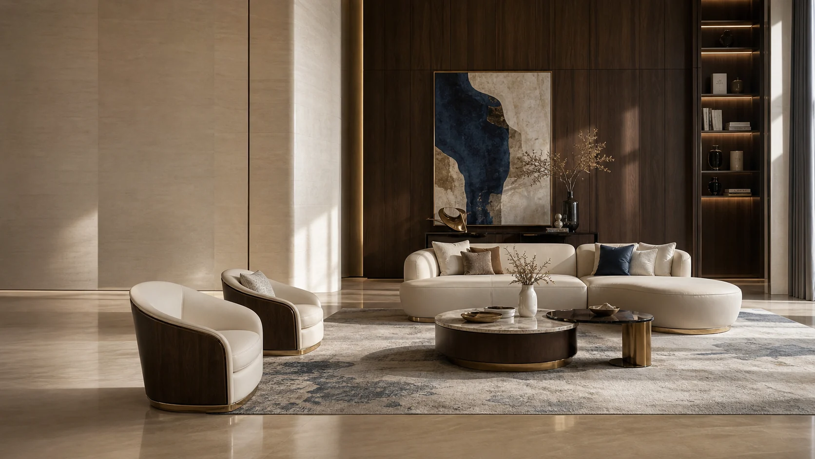 Contemporary ivory and walnut living room concept featuring sculptural upholstered furniture