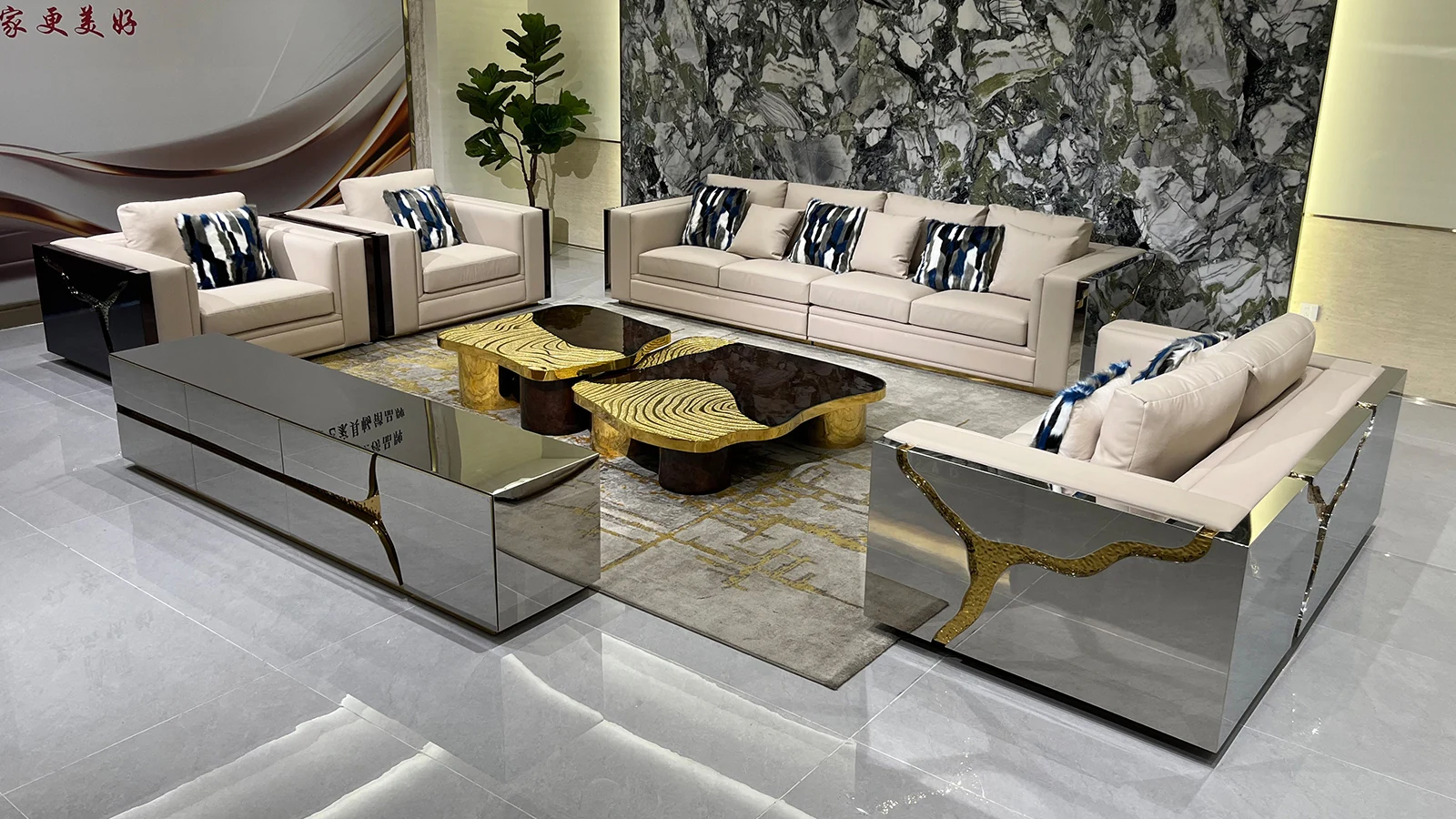 HR-SF-001 luxury sofa collection in showroom, view 2