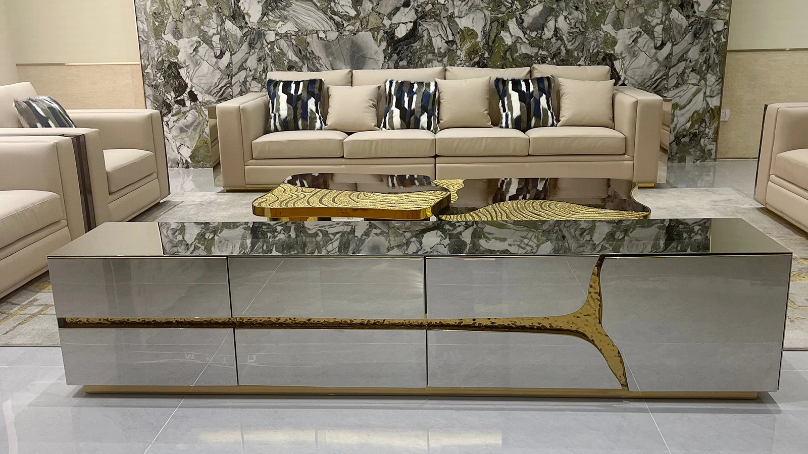HR-SF-001 luxury sofa collection in showroom, view 3