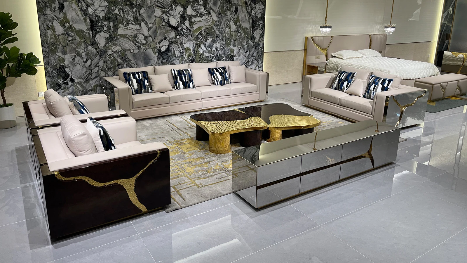 HR-SF-001 luxury sofa collection in showroom, view 5