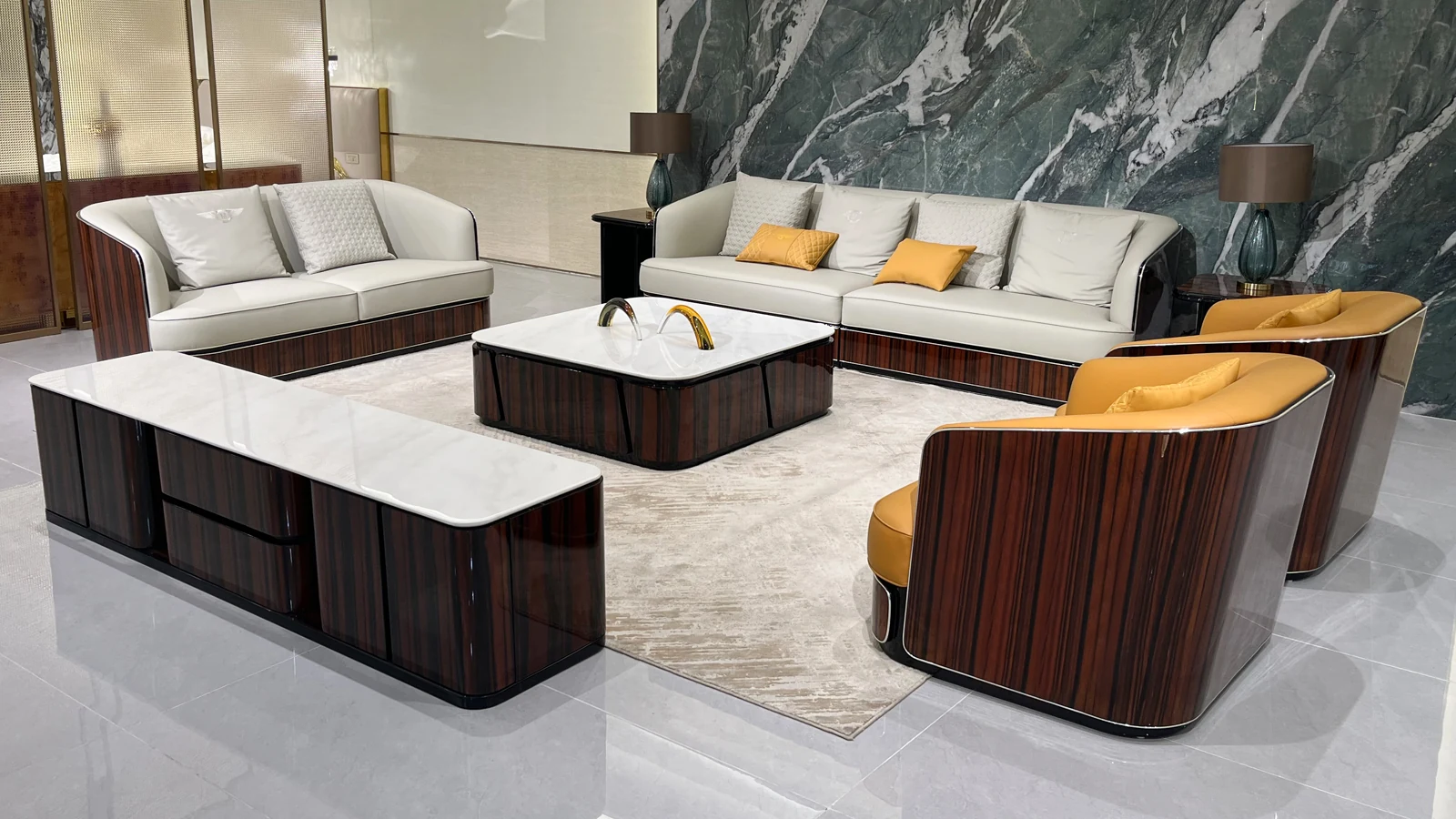 HR-SF-002 luxury sofa collection in showroom, view 2