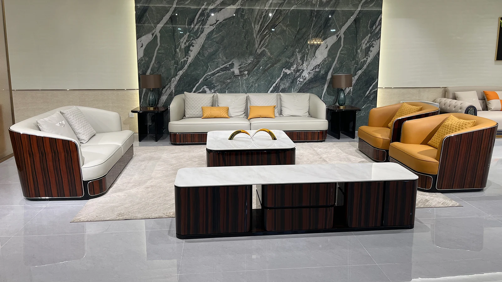 HR-SF-002 luxury sofa collection in showroom, view 3