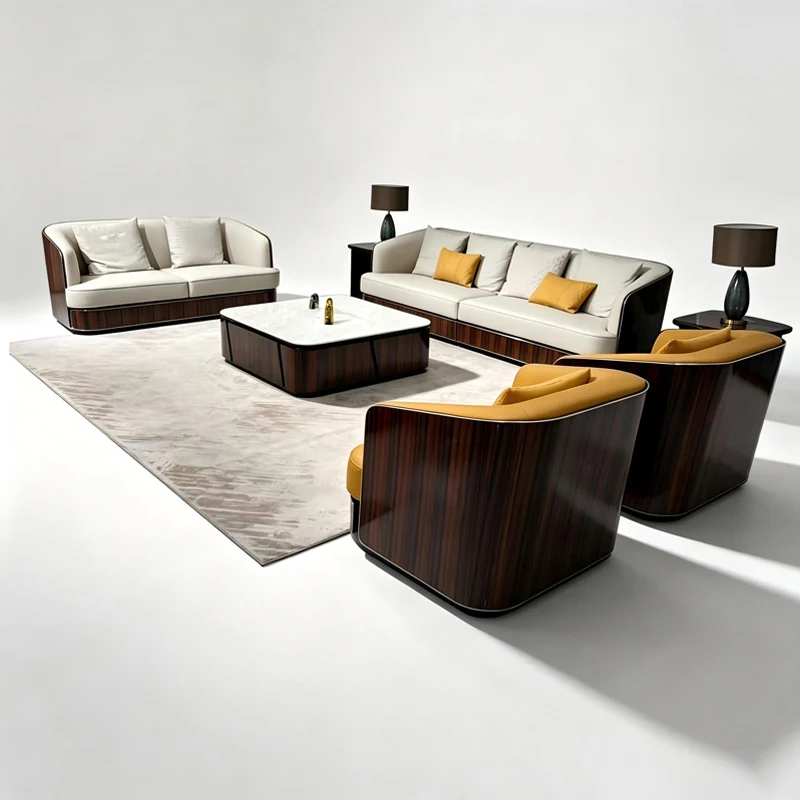 HR-SF-002 complete ivory and walnut leather sofa collection on white