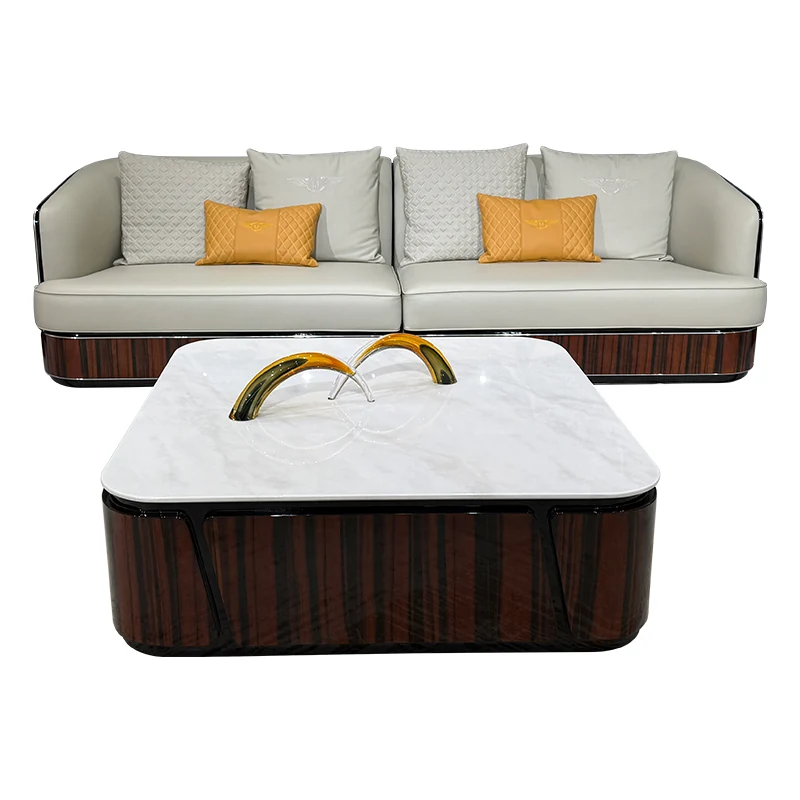 HR-SF-002 three-seat ivory leather sofa with marble-top coffee table