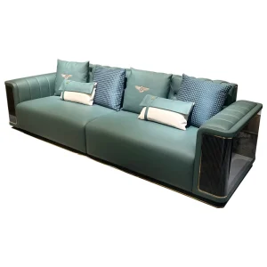 HR-SF-003 three-seat teal leather sofa in three-quarter view