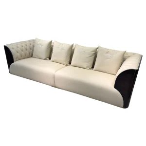 HR-SF-005 three-seat cream leather sofa in three-quarter view