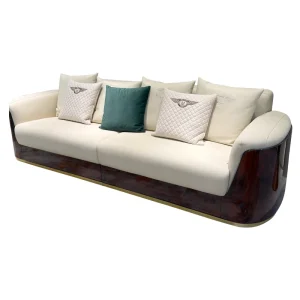 HR-SF-006 three-seat cream leather sofa with dark wood shell