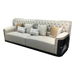 HR-SF-007 three-seat cream tufted sofa with dark wood frame