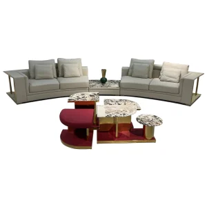 HR-SF-008 complete cream sectional sofa collection with red accent tables