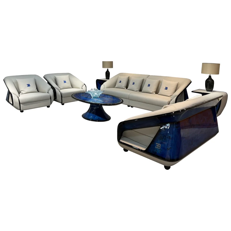 HR-SF-009 complete ivory and blue leather sofa collection on white