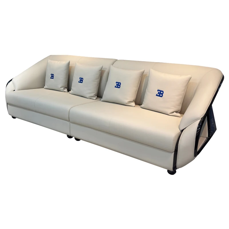 HR-SF-009 three-seat ivory leather sofa with blue side panels