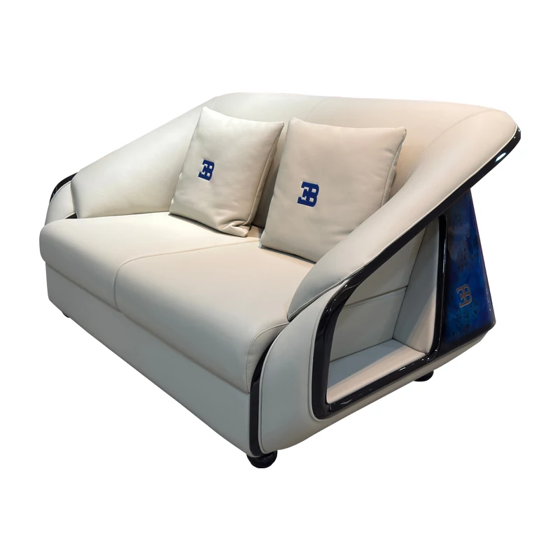 HR-SF-009 ivory leather armchair with blue side panel