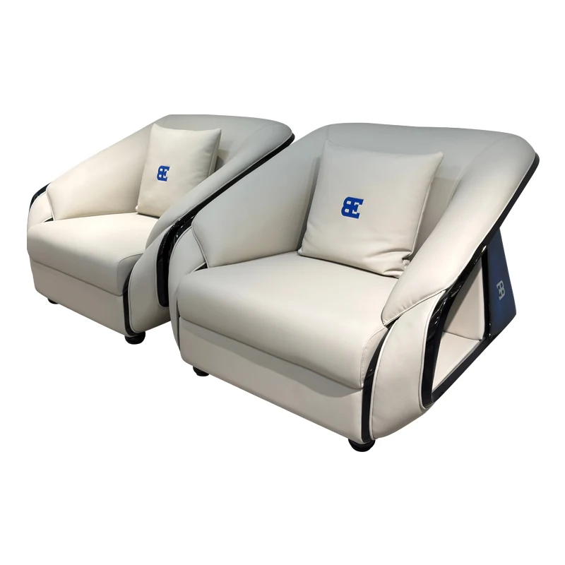 HR-SF-009 two-seat ivory leather sofa with blue side panel
