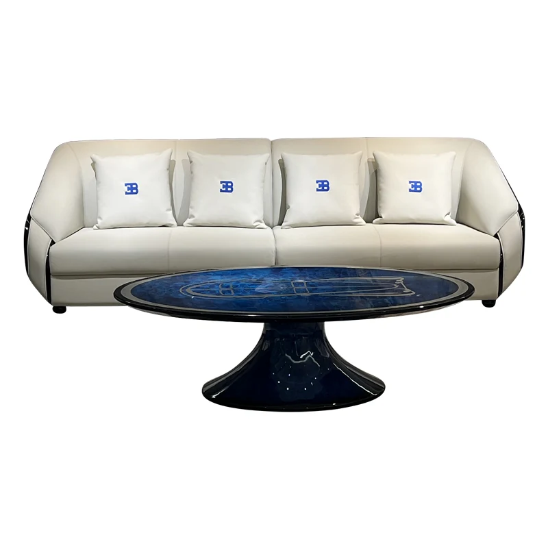 HR-SF-009 three-seat ivory leather sofa with blue coffee table