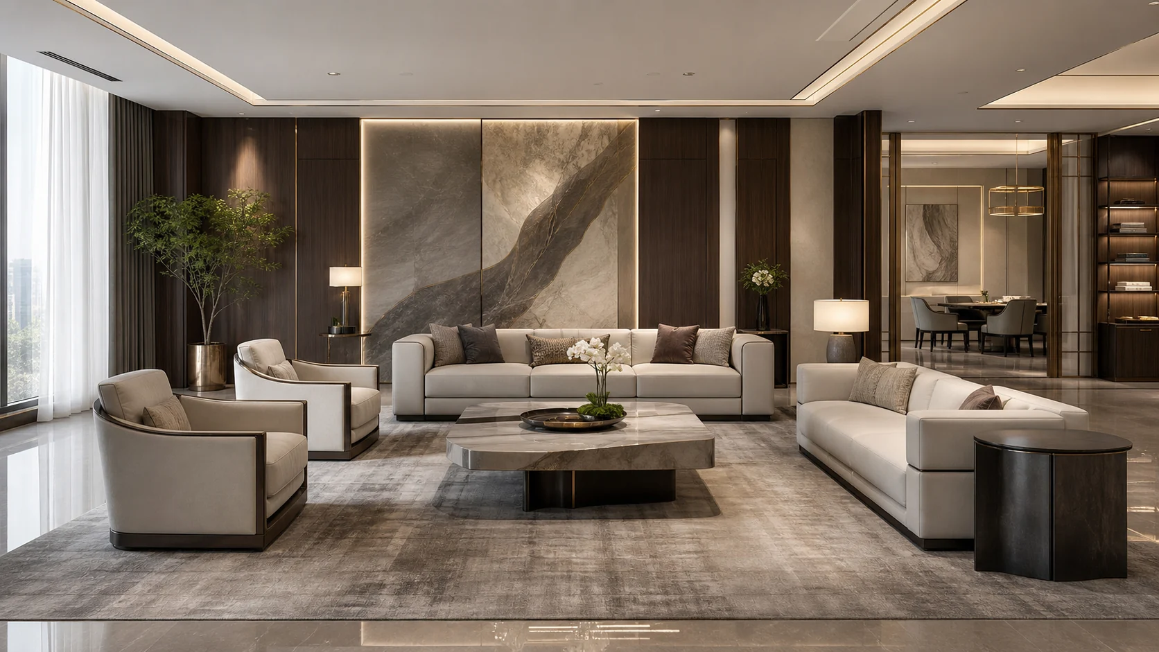 Executive lounge concept with ivory upholstery, dark walnut and restrained sapphire accents