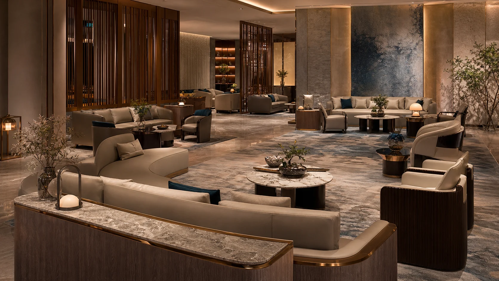 Refined hospitality lounge concept with sculptural furniture and warm architectural lighting