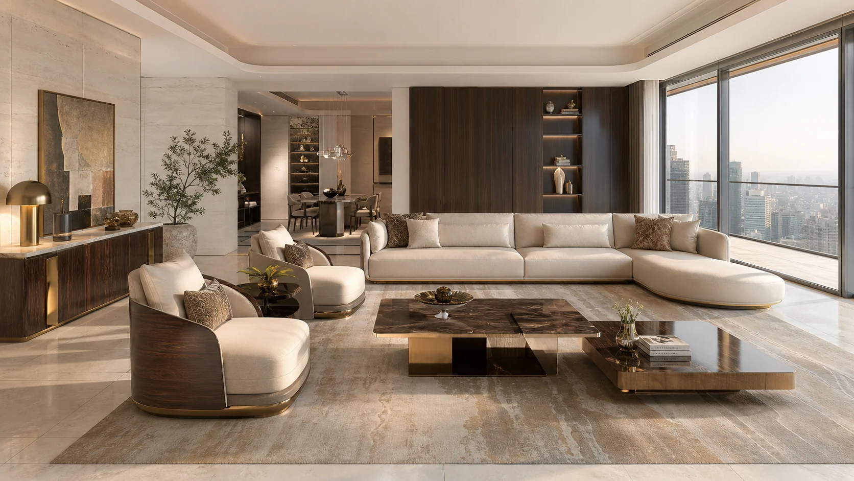 Elegant residential lounge concept in warm ivory, walnut and champagne-gold tones