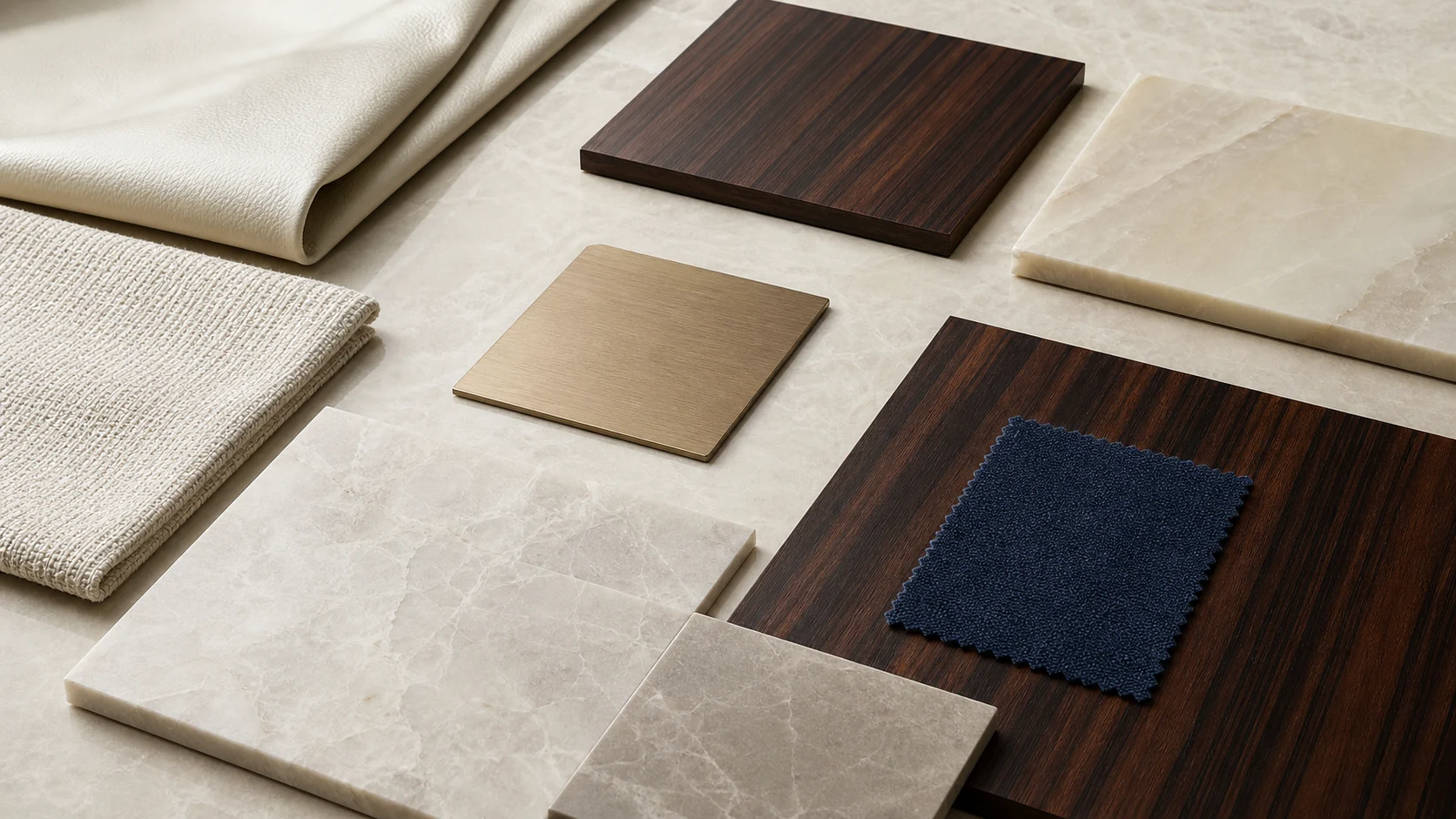 Curated ivory textile, leather, walnut, stone, metal and sapphire material palette