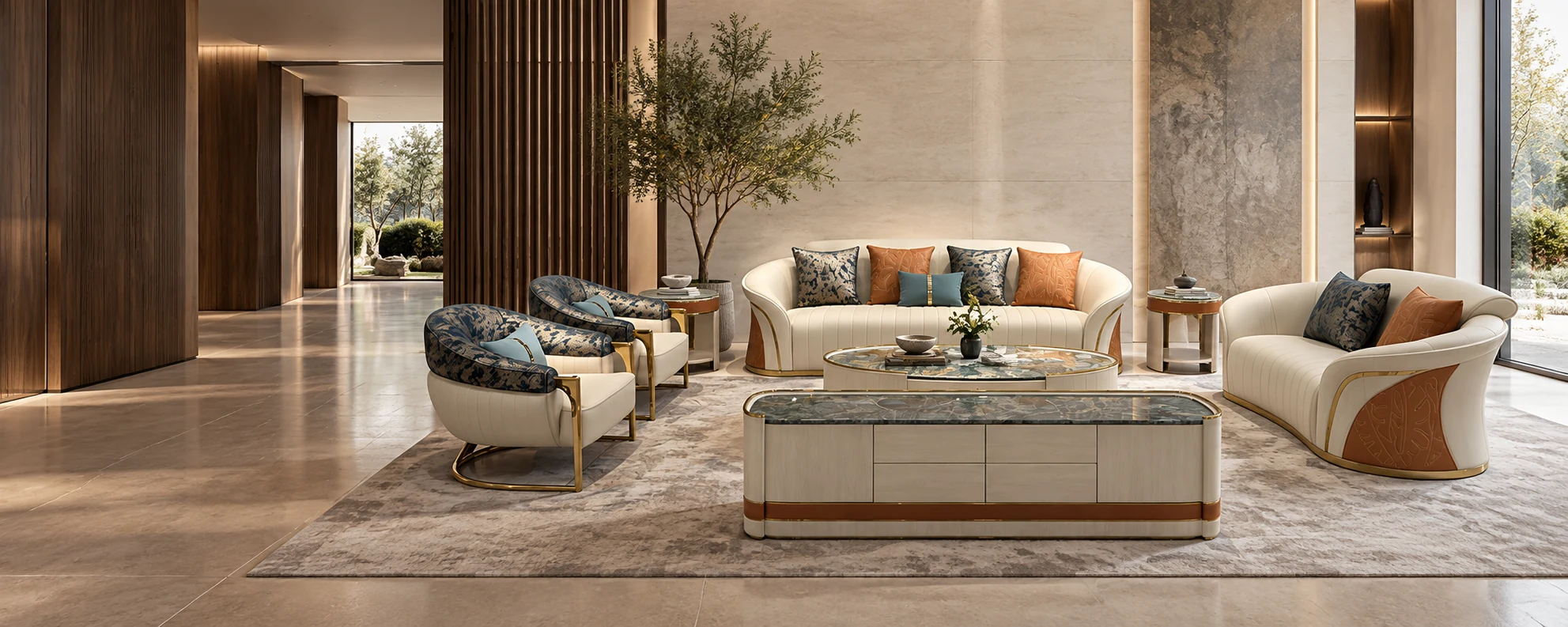 AI-generated interior scene featuring the Ivory Sculpted Curve Sofa Collection (HR-SF-013)