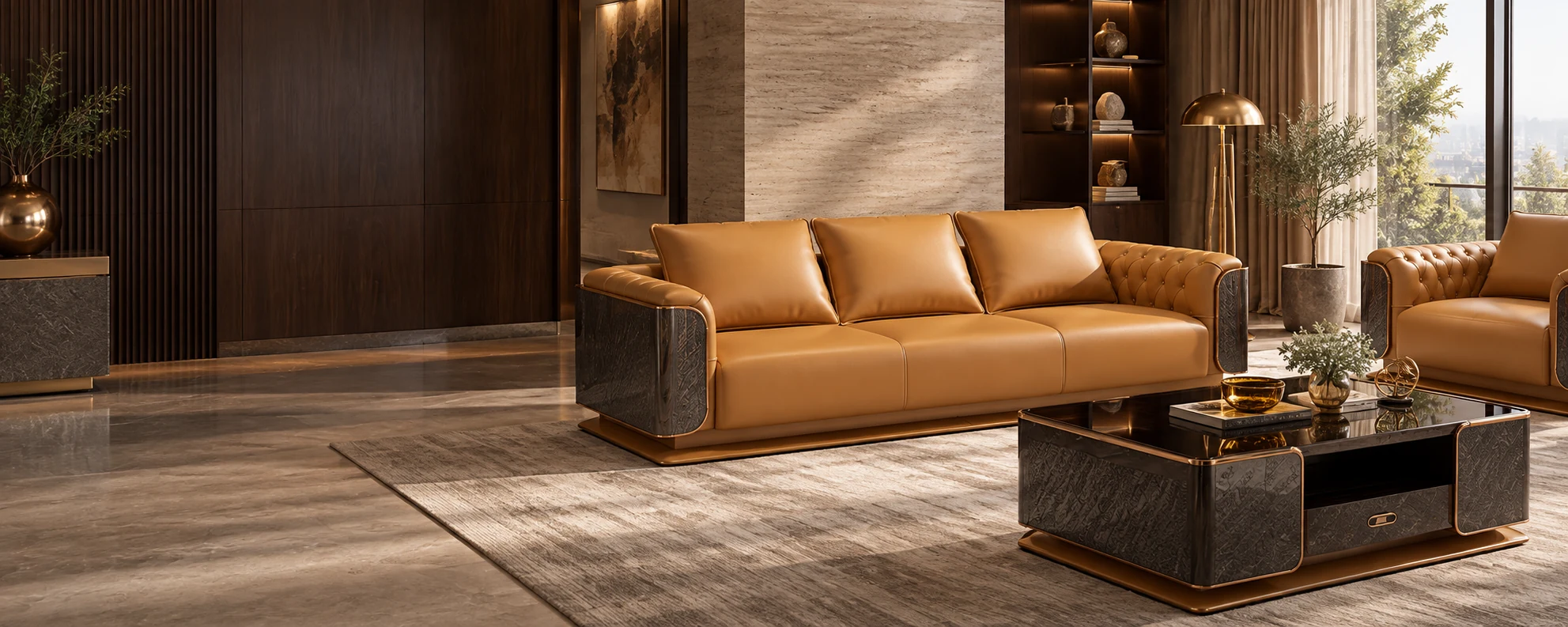 AI-generated interior scene featuring the Amber Framed Sofa Collection (HR-SF-010)