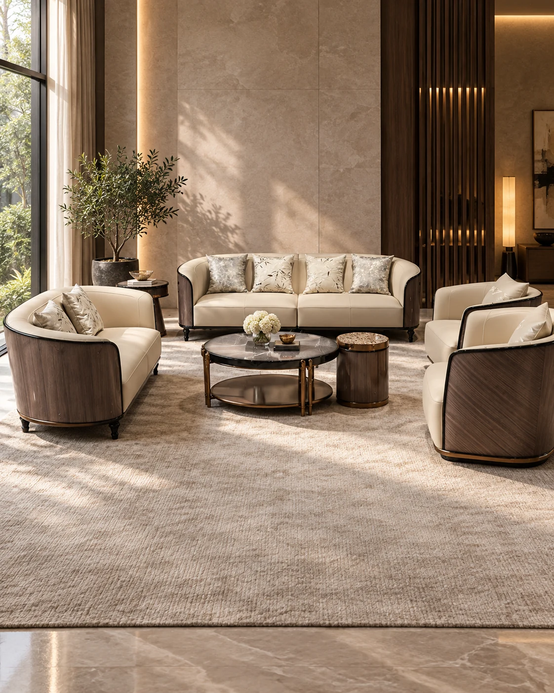 AI-generated interior scene featuring the Ivory Rounded Panel Sofa Collection (HR-SF-016)