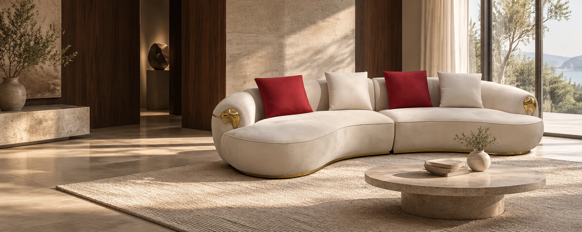 HANRAN HOME ivory curved sofa with red cushions in a warm interior