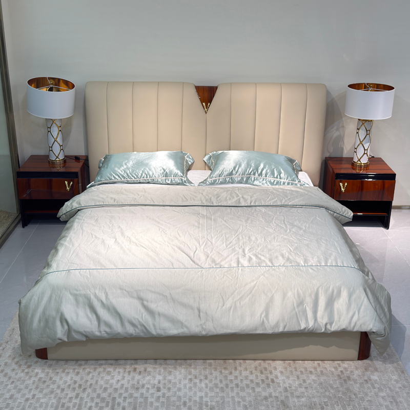 Ivory Channel Headboard Bed in a furnished interior