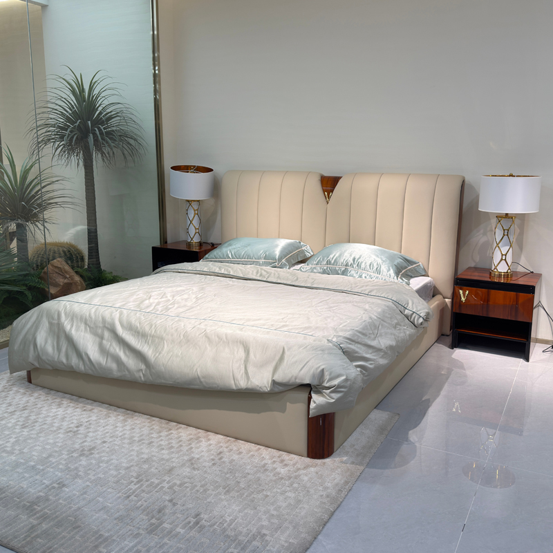Ivory Channel Headboard Bed in a furnished interior