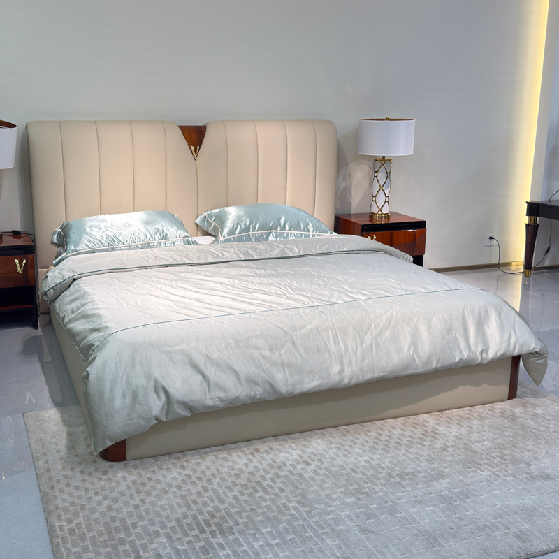 Ivory Channel Headboard Bed in a furnished interior