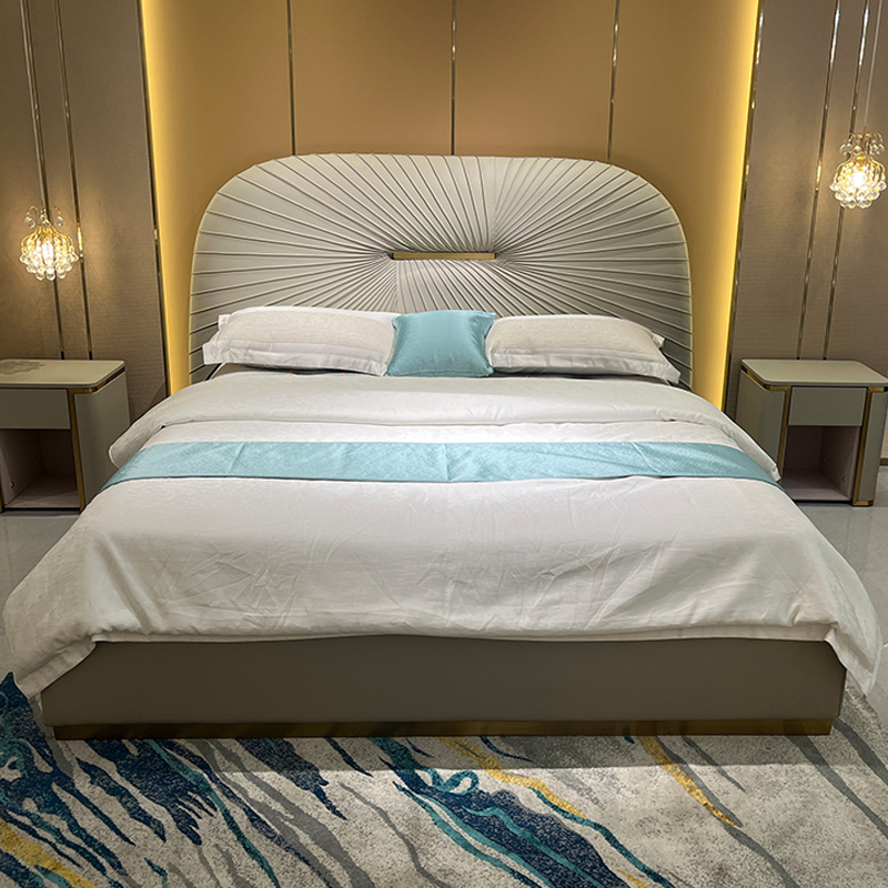 Radial Fan Upholstered Bed in a furnished interior
