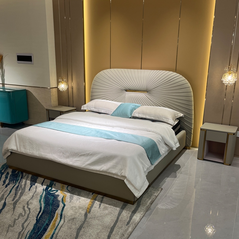 Radial Fan Upholstered Bed in a furnished interior
