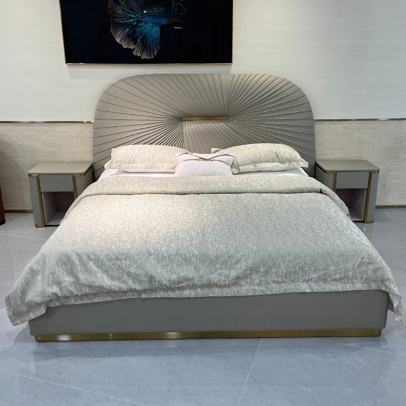 Radial Fan Upholstered Bed in a furnished interior