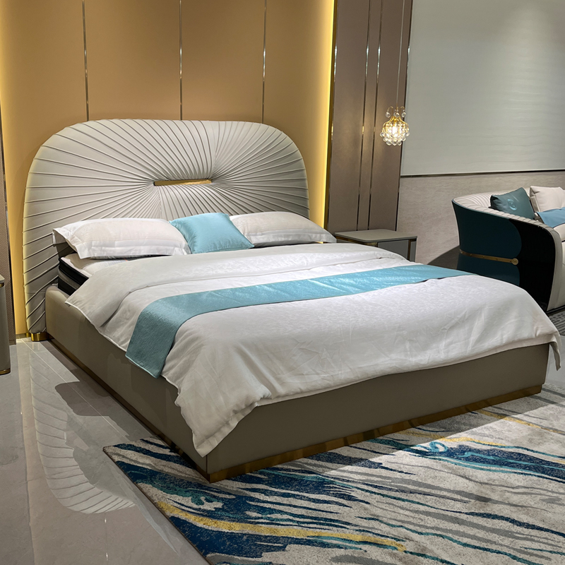 Radial Fan Upholstered Bed in a furnished interior