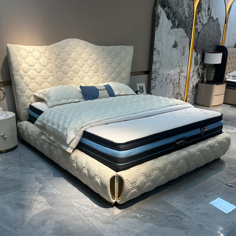 Champagne Patterned Headboard Bed in a furnished interior