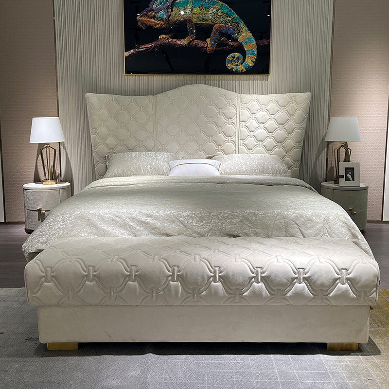 Champagne Patterned Headboard Bed in a furnished interior