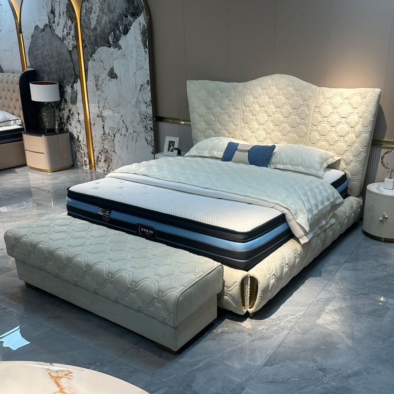 Champagne Patterned Headboard Bed in a furnished interior
