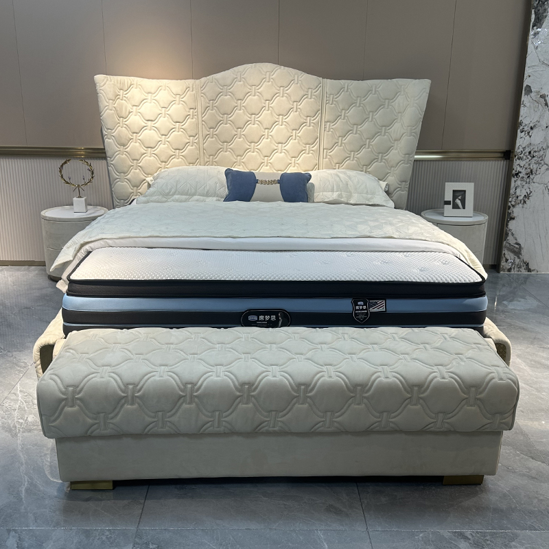 Champagne Patterned Headboard Bed in a furnished interior