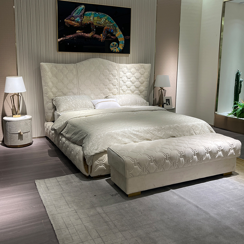Champagne Patterned Headboard Bed in a furnished interior
