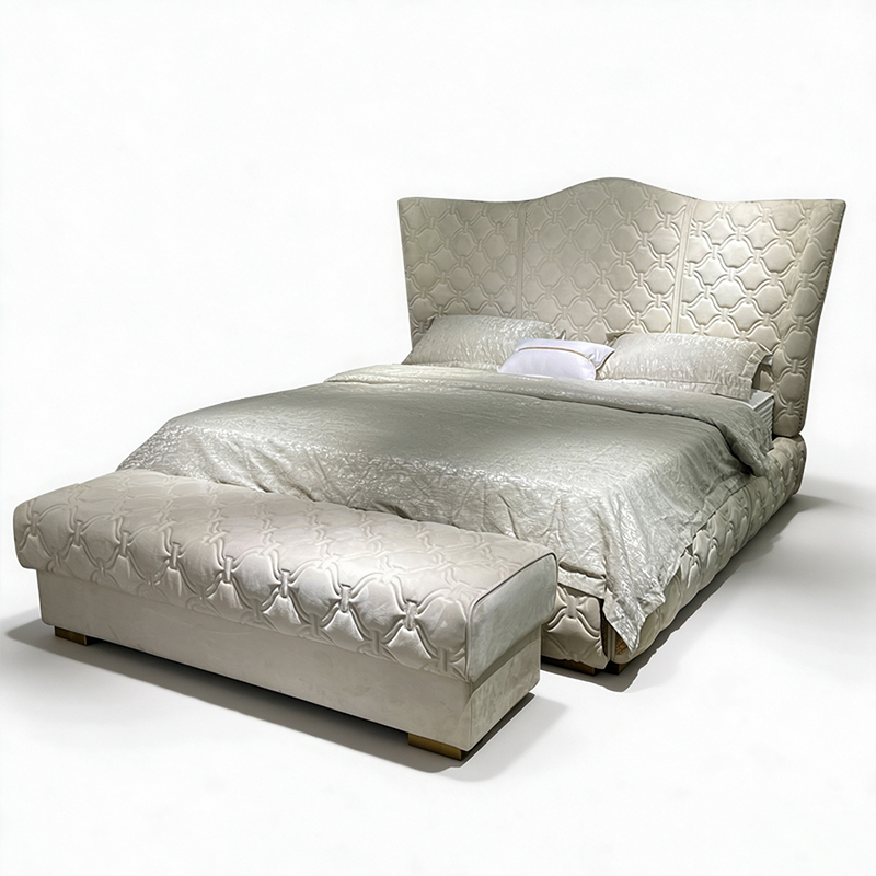 Champagne Patterned Headboard Bed on a white background