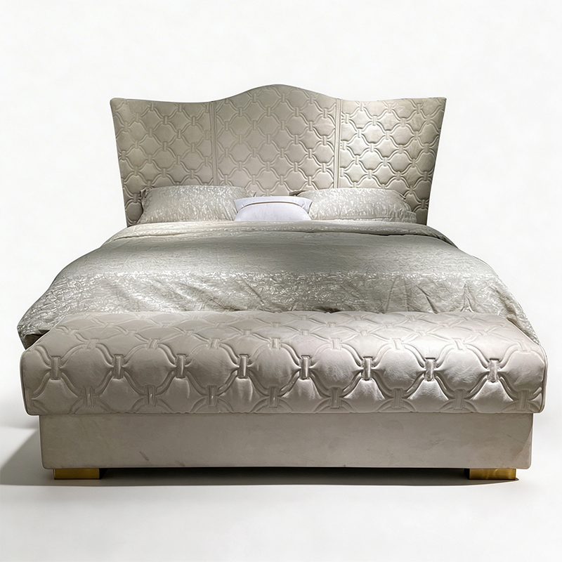 Champagne Patterned Headboard Bed on a white background