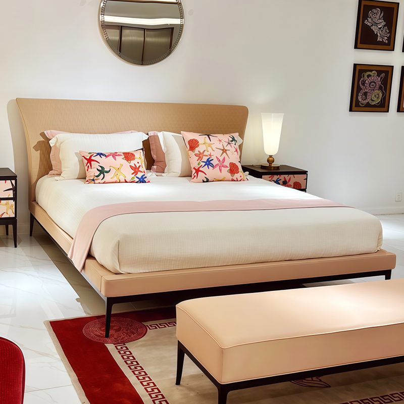 Blush Slim Frame Upholstered Bed in a furnished interior