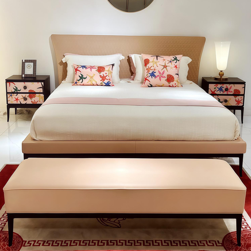 Blush Slim Frame Upholstered Bed in a furnished interior