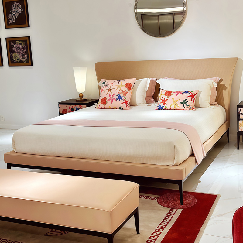 Blush Slim Frame Upholstered Bed in a furnished interior