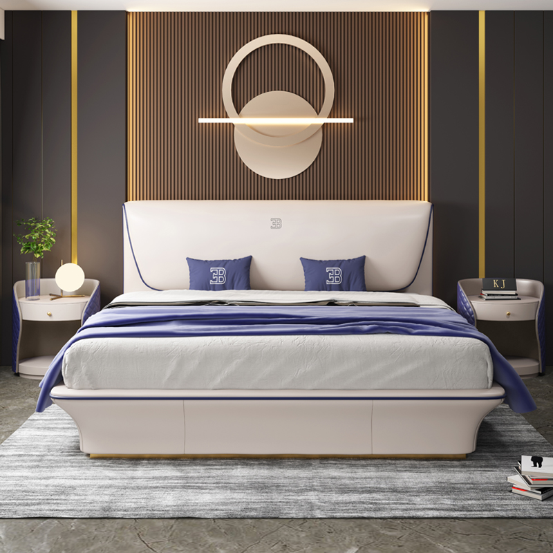Taupe Flared Headboard Bed in a furnished interior