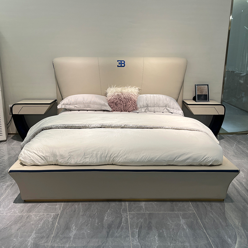 Taupe Flared Headboard Bed in a furnished interior
