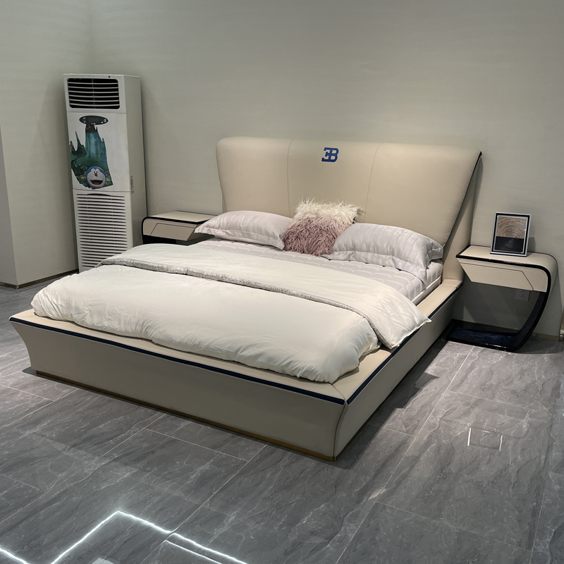 Taupe Flared Headboard Bed in a furnished interior