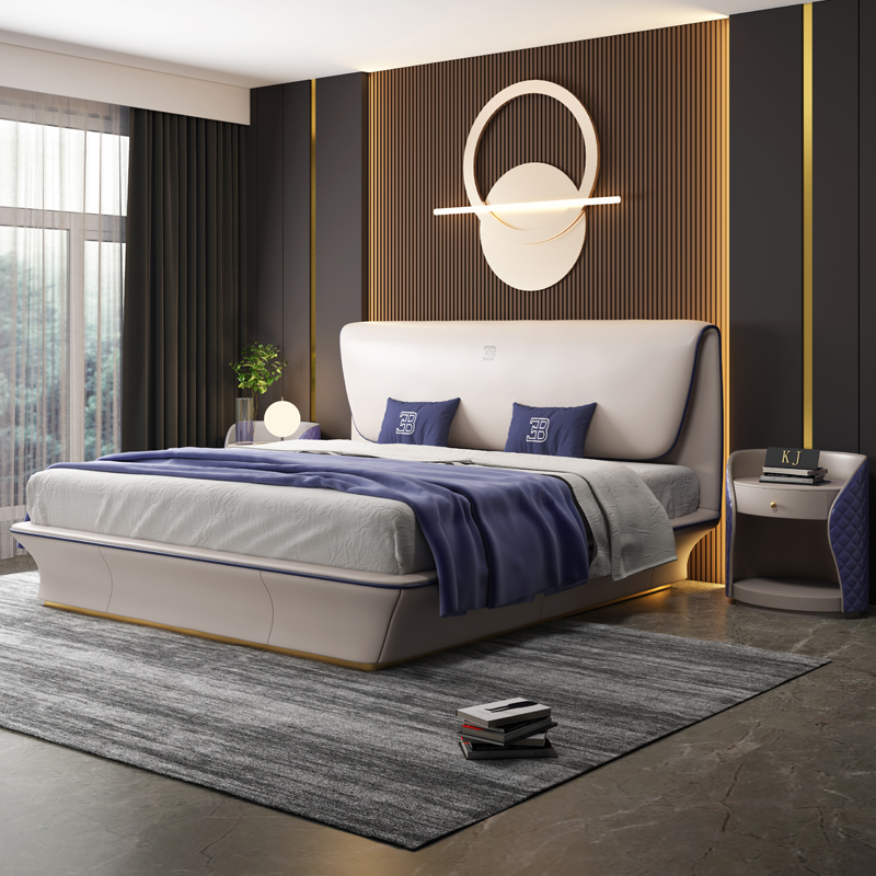 Taupe Flared Headboard Bed in a furnished interior
